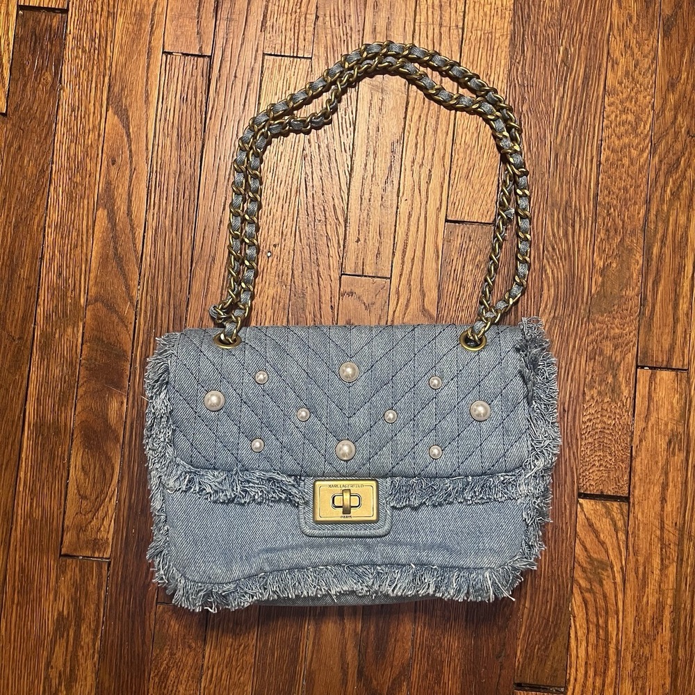 Karl Lagerfeld Paris Denim Shoulder Bag Quilted Pearl Chain Fringe Handbag Blue